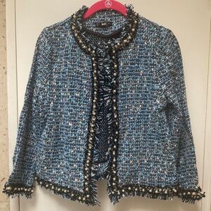 SHEIN Blue Tweed Pearl-Trim Cropped Jacket